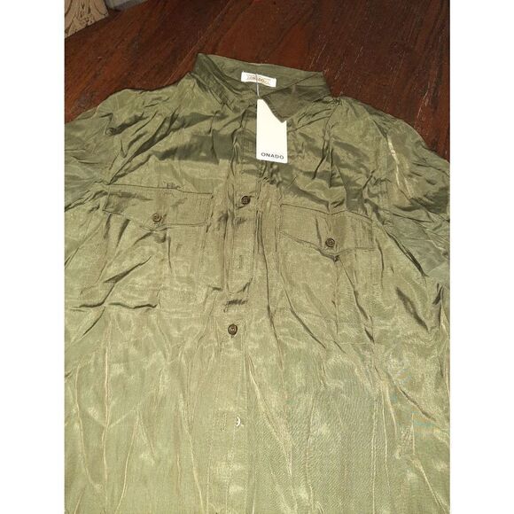 New Small Army Green Onado Button Up Long Dress Shirt Mini Dress Loungewear - Picture 2 of 3